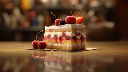 Piece of cake with cherries and strawberries on a wooden table.の素材