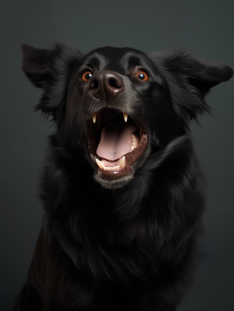 Funny black dog with open mouth. Studio shot on dark background.の素材