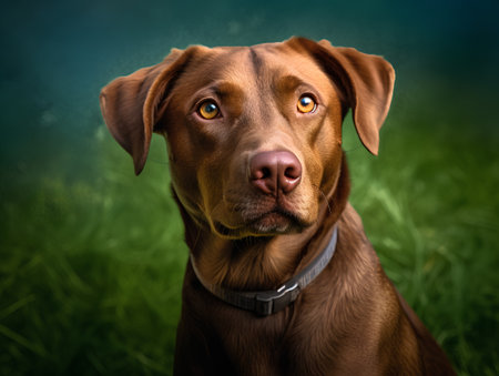 Portrait of a chocolate labrador retriever dog on green backgroundの素材