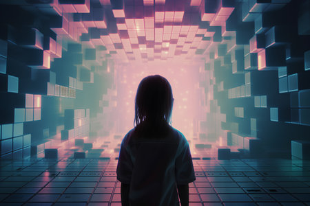 Young woman in front of a futuristic tunnel with glowing lights. 3D renderingの素材
