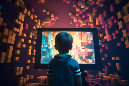 Little boy watching a 3d rendering of a computer screen with a lot of pixelsの素材