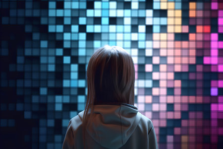 Back view of young woman looking at abstract glowing mosaic on dark backgroundの素材