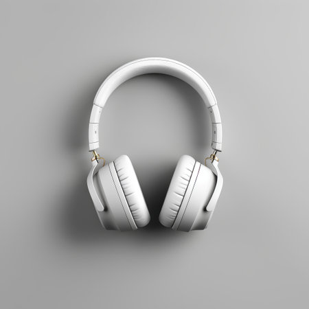 White wireless headphones isolated on gray background. 3d render illustration.の素材