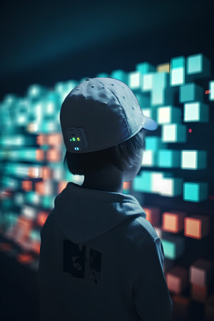 Little boy wearing a cap and looking at a futuristic interface. 3D rendering.の素材