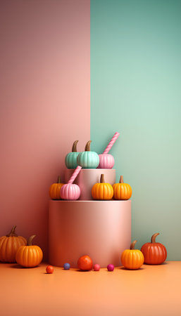 3d render of pumpkins and candies in pastel colorsの素材