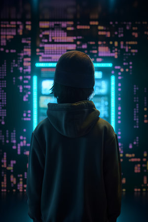 Back view of hacker in hoodie looking at glowing code on dark backgroundの素材