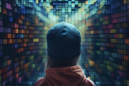 A young woman in a cap and a red jacket looks at a colorful pixelated background.の素材