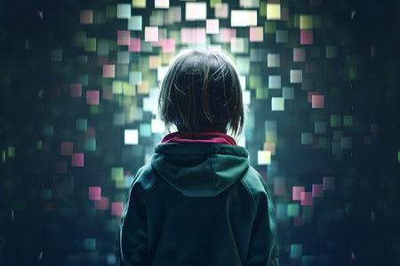 Back view of little girl in hoodie looking at abstract glowing backgroundの素材