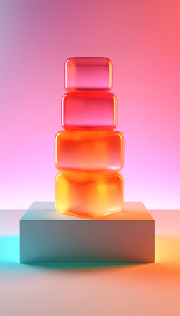 3d rendering of a pyramid made of multicolored soap bars on a colored backgroundの素材