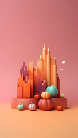 Halloween holiday background with castle and pumpkins. 3d renderの素材