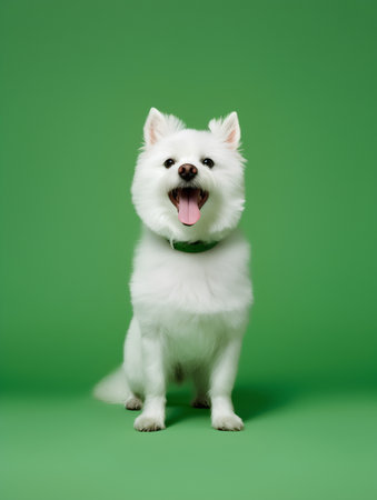 Cute white spitz dog on green background. Studio shot.の素材
