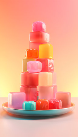 Plate with colorful jelly candies on colorful background. 3d renderingの素材