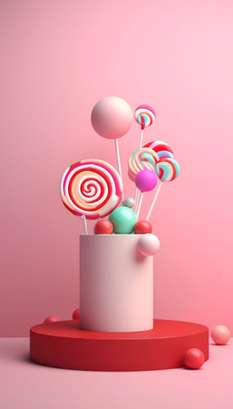 3d render of sweet lollipops and candies on podium in pink backgroundの素材