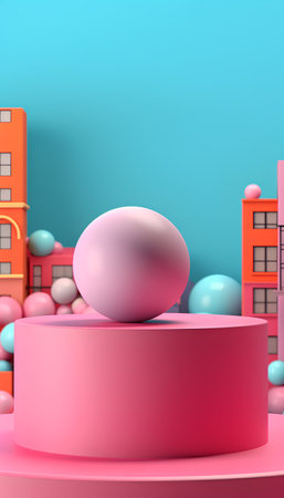 3d render of abstract minimal geometric forms. Glossy pastel pink podium with round objects on blue background. Scene to show cosmetic products.の素材