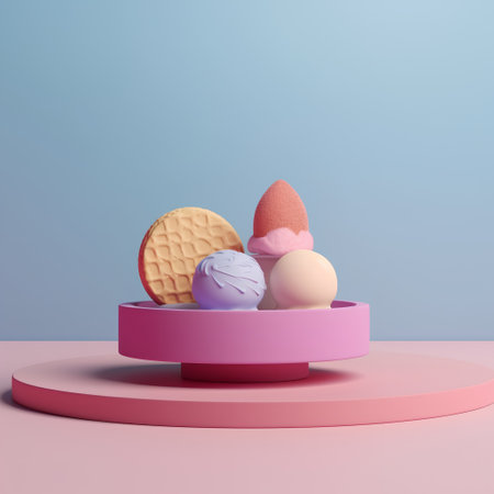 3d render of ice cream with waffle cone on pink podiumの素材