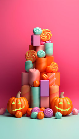 Halloween candy pyramid with pumpkins and candies 3d renderの素材