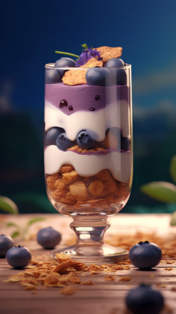 Healthy breakfast. Blueberry, yogurt and granola in a glass on a wooden tableの素材