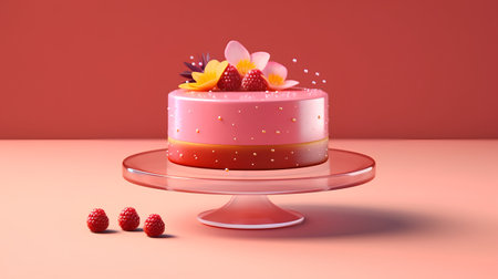 3d render of cake with cream and strawberries on pink background.の素材