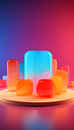 Abstract 3d rendering of geometric forms. Colorful background with podium and cubes.の素材