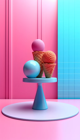 Ice cream in waffle cones on pink background. 3d renderの素材