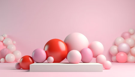 3d render of pink and red easter eggs on white podium.の素材
