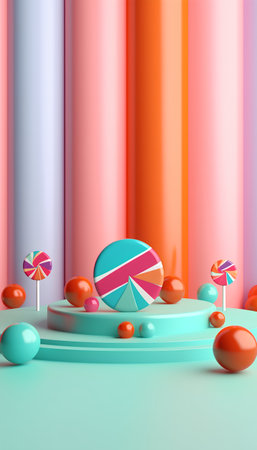 3d render of abstract minimal geometric forms. Glossy realistic podium with striped ribbons and candies.の素材