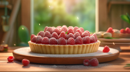 Delicious tartlets with fresh raspberries on wooden table, closeupの素材