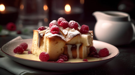 French toast with raspberries and icing sugar on a dark backgroundの素材