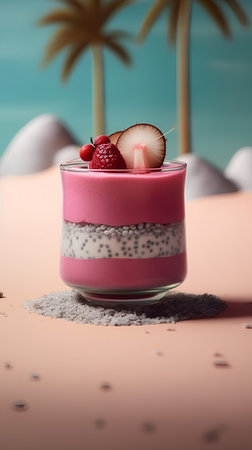 Chia seed pudding with coconut milk and fresh berries on pink backgroundの素材