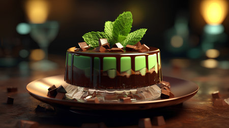 Chocolate cake with mint on a dark background. 3d renderingの素材