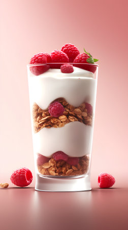 Delicious yogurt with granola and fresh raspberries in glass on pink backgroundの素材