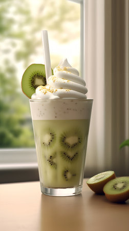 Kiwi smoothie with whipped cream and fresh kiwi fruitsの素材