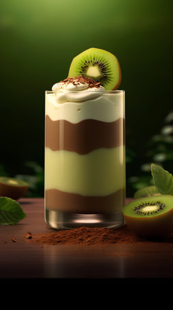 Tiramisu with kiwi and chocolate in a glassの素材