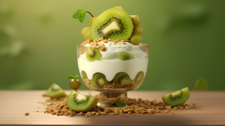 Greek yogurt with kiwi and granola in glass on wooden tableの素材
