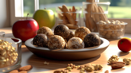 Easter eggs with nuts and fruits on wooden table. 3d renderの素材