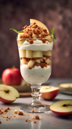Classic tiramisu dessert in a glass with fresh apples and cinnamon.の素材