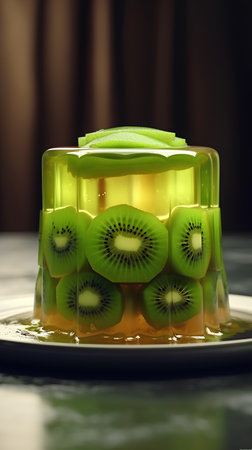 Fruit jelly with kiwi on a dark background. 3d renderingの素材