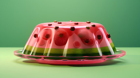 Strawberry and watermelon pudding in a glass plate 3d render on green background with shadowの素材