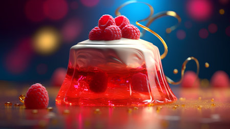 Cake with raspberries on a blue background. 3d renderingの素材