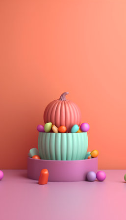3d render of minimal display podium with colorful candies and pumpkinの素材