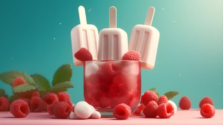 Ice cream with raspberries on a stick. 3d renderingの素材