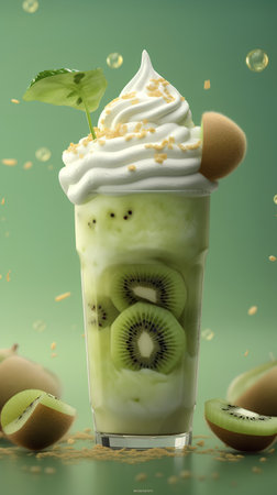 Kiwi smoothie with whipped cream and mint leaves, 3d illustrationの素材
