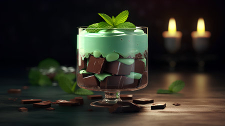 Chocolate dessert with mint in a glass on a dark background.の素材