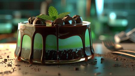 Chocolate pudding with mint in a glass bowl. 3d renderingの素材