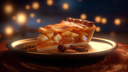 Piece of apple pie with cinnamon and star anise on dark backgroundの素材