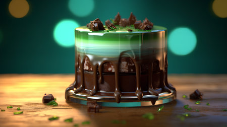 Chocolate cake in a glass on a wooden table. 3d renderingの素材