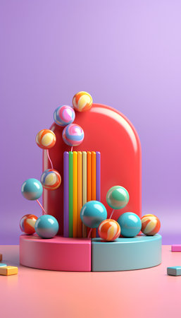 3d render of abstract display podium with colorful candies. Minimalist scene for product presentation.の素材