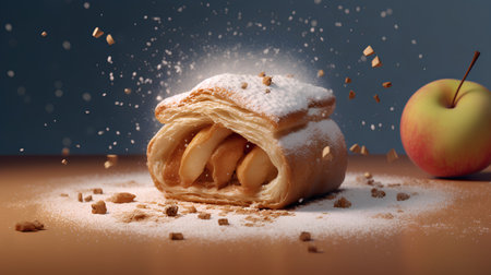 Apple strudel with sugar powder on a wooden table. Close up.の素材