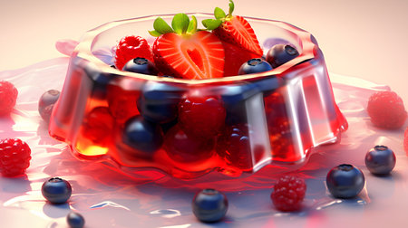 Fruit jelly in a glass bowl with berries. 3d renderingの素材