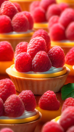 Fresh raspberries and cream in a bowl. Selective focus.の素材